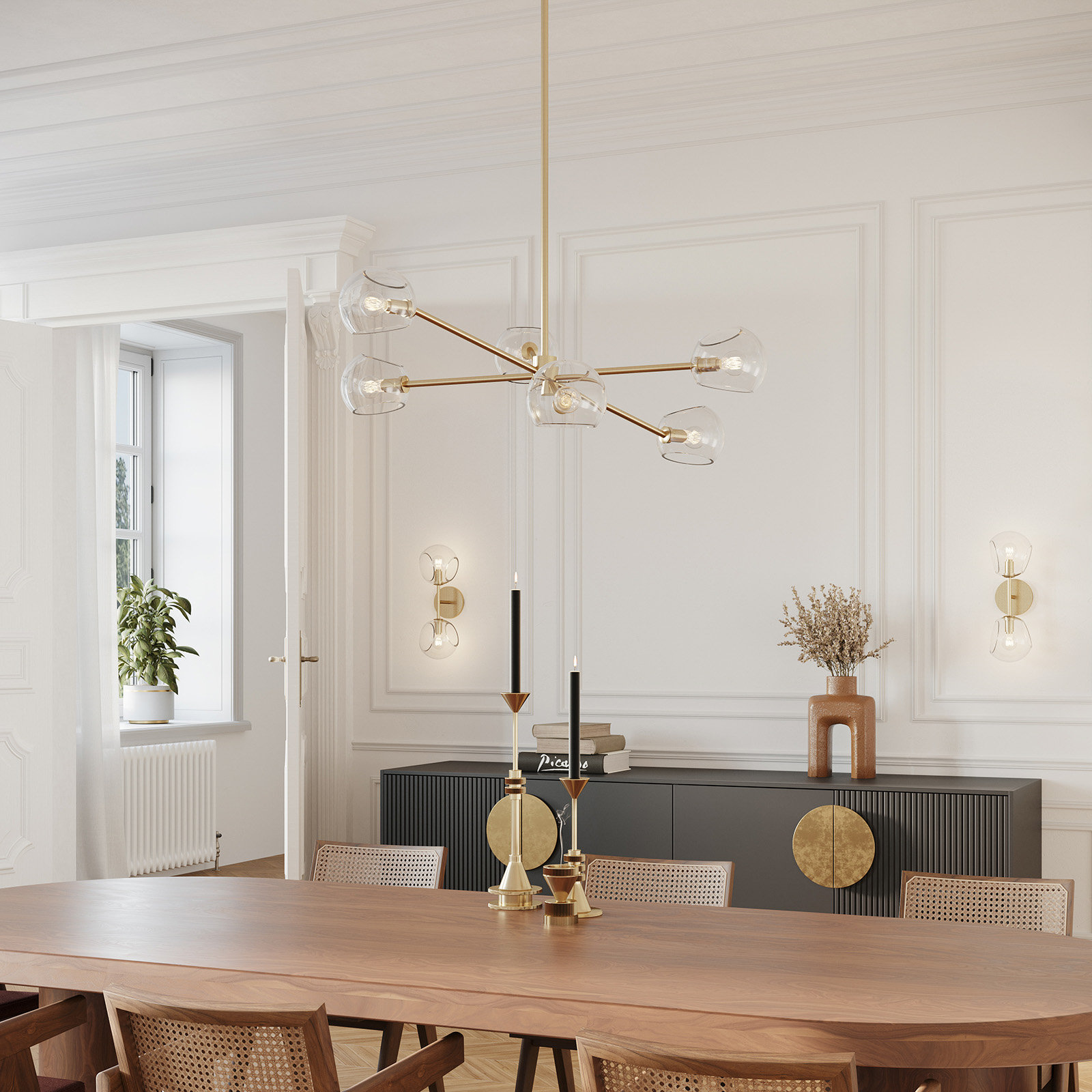 Willow 6 - Light Metal Sputnik Chandelier, Brushed Gold, Clear