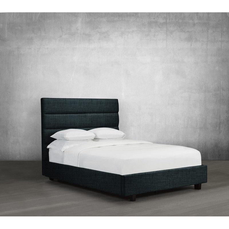 Lit plateforme tapissier capitonné Straughter, Très grand, Lin - denim