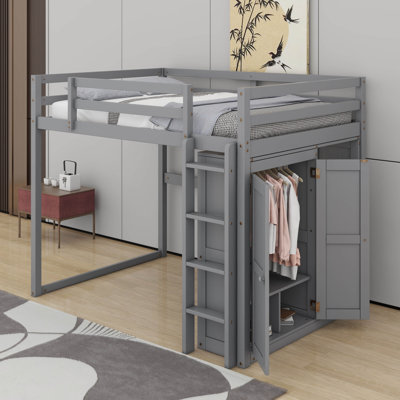 Lit mezzanine double avec garde-robe, tablettes et éclairage à DEL