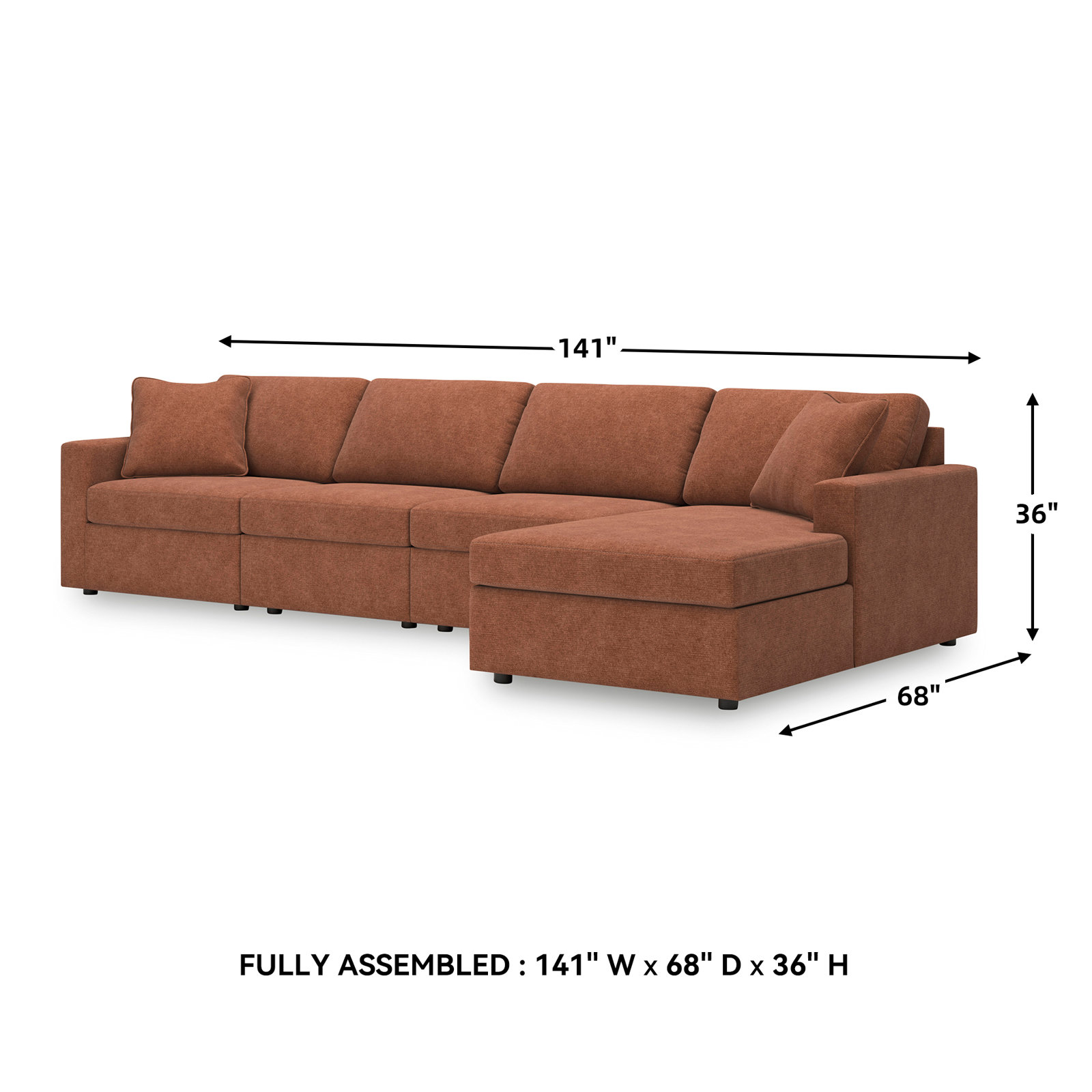 Bulwell Sectional With Chaise, 36" H x 140" W x 68"D, Right Hand Facing, Brown Polyester