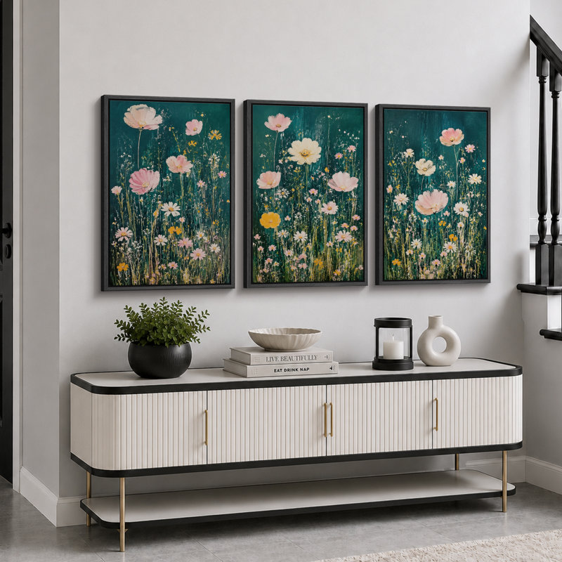 «Teal Wildflower Meadow», art de chambre à coucher, reproduction d'art sur toile encadrée, 24" H x 48" W x 1.5" D