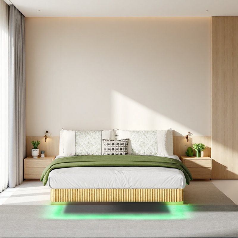 Walnut Floating Bed Frame With LED Lights, Queen, Oak
