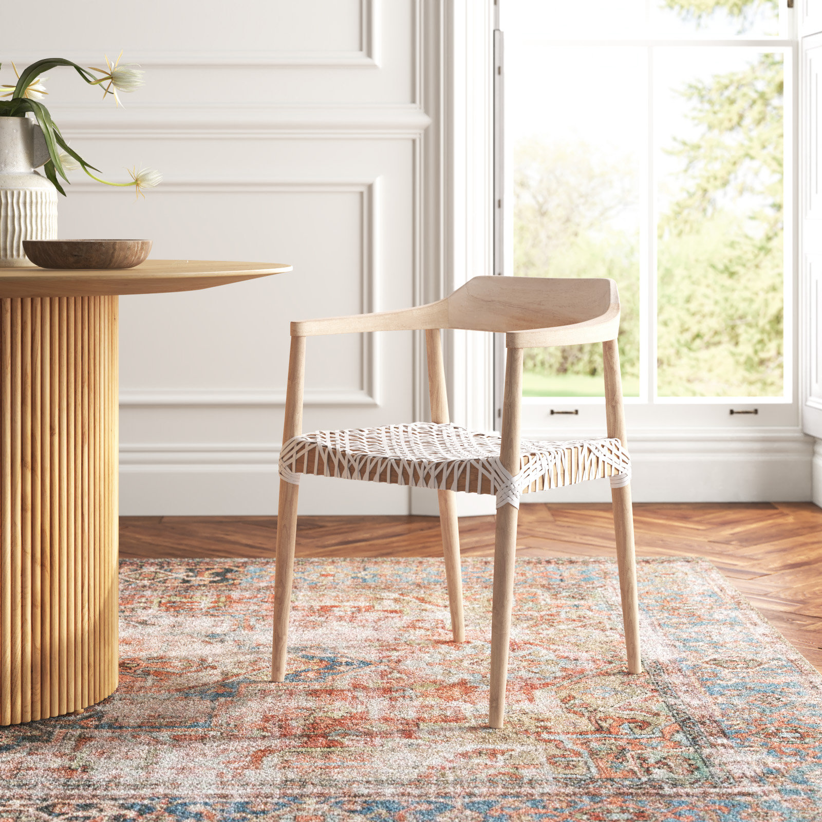Bruna 22'' Wide Dining Chair, Oak, White Genuine Leather
