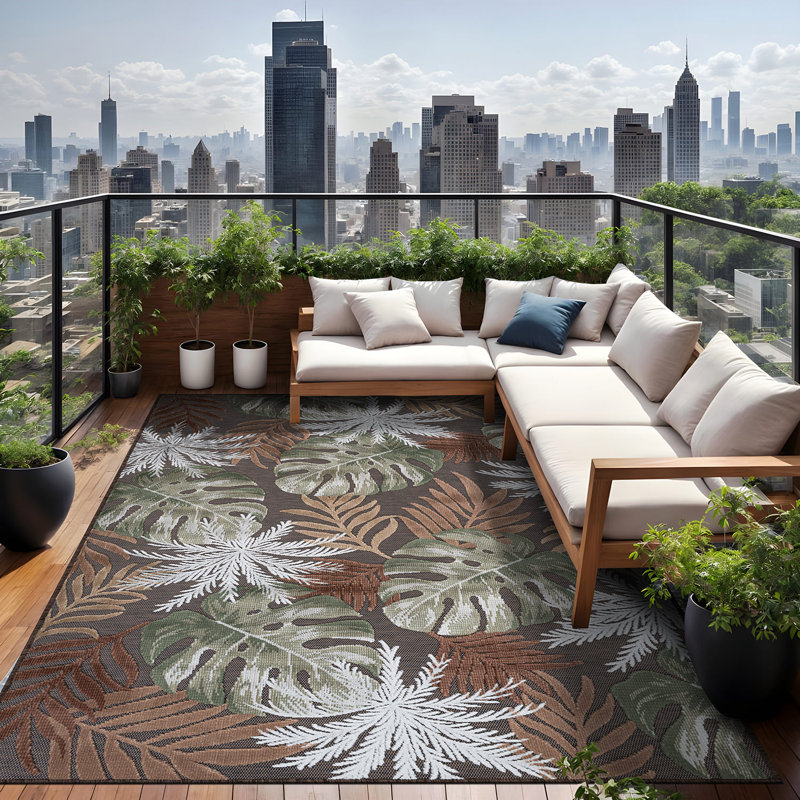 Tapis floral d'intérieur pour l'extérieur, Brown, Rectangle de 10 pi x 14 pi