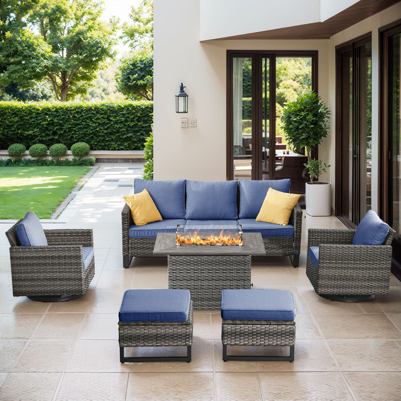  6-Piece Outdoor Sofa Set, Wicker Patio Furniture Set With Fire Pit Table, All-Weather PE Wicker