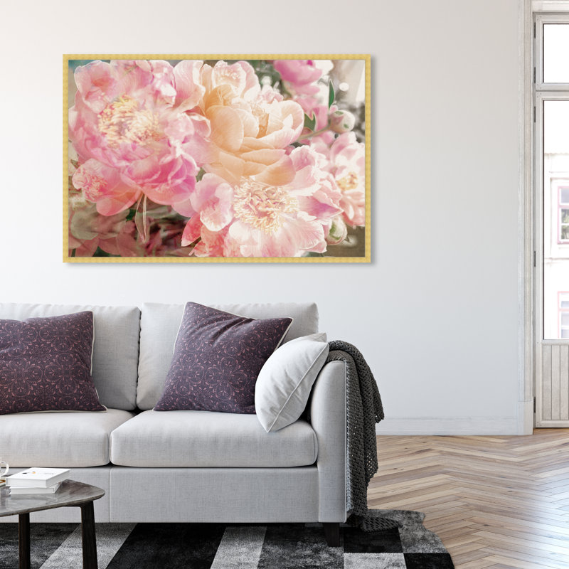 Fleurs roses, pivoines, impression sur papier, Cadre doré, H 38 po x l 56 po