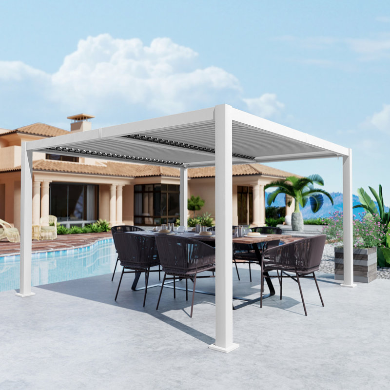 Kozyard Outdoor Louvered Pergola 12' x 12' Pergola Sun Shade All-Weather Aluminum Packing Shelter with Drainage System Adjustable Roof Waterproof for Poolside Patio Garden Yard White