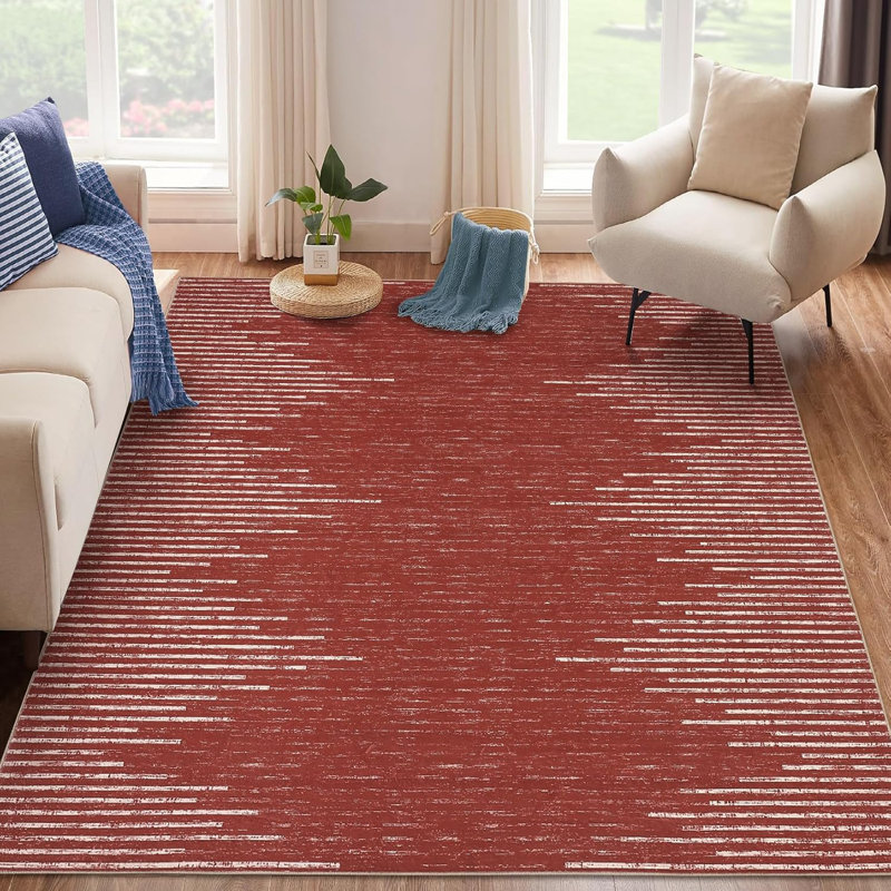 Living Room Rug 5X7 Washable Area Rug For Bedroom Living Room Modern Striped Kids Rug Neutral Area Rugs Non Slip Farmhouse Floor Cover Red