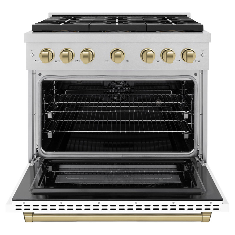 ZLINE Autograph Edition 36 in. 5.2 cu. ft. Paramount Dual Fuel Range W/ 6 Burner DuoPro Cooktop and Electric Convection Oven in Satin Stainless Steel W/ White Matte Door and Champagne Bronze Accents
