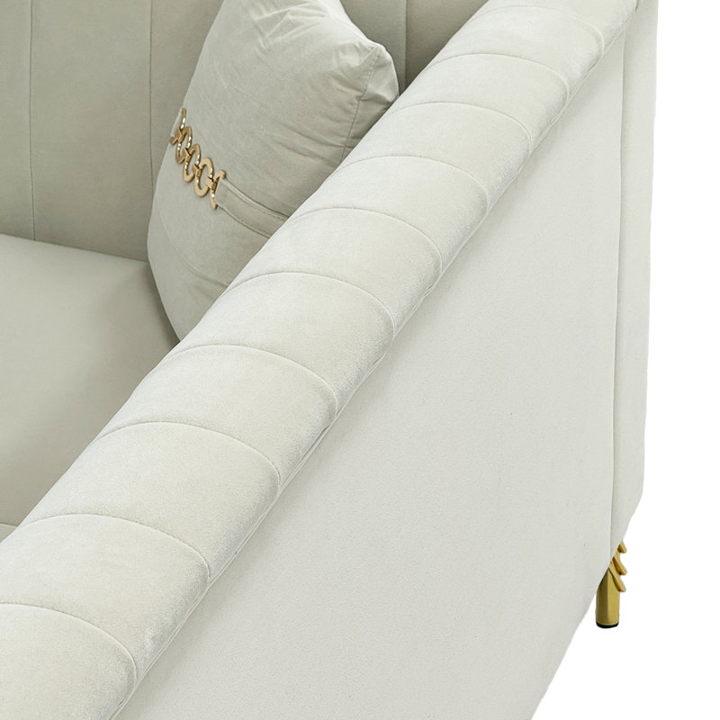 Canapé moderne en velours beige avec 2 coussins modernes, 82,67 pouces, dossier vertical et support, mousse haute, accoudoirs évasés, sièges de style Mid-Century, look luxueux