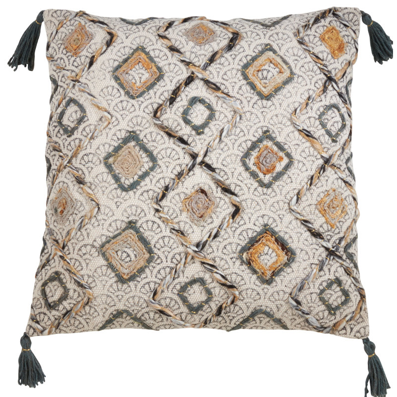 Clay and Multicolor Embroidered Cotton Pillow Cover with Tassels