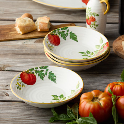 Pomodoro 38 oz stoneware Pasta Bowls – Set of 4 – 9 Inch Round Bowls with Lifelike Printed Tomato Vine Design – Rustic Italian-Inspired Serveware for Pasta, Salads, and Harvest Dishes – Vibrant Mediterranean Kitchen Decor