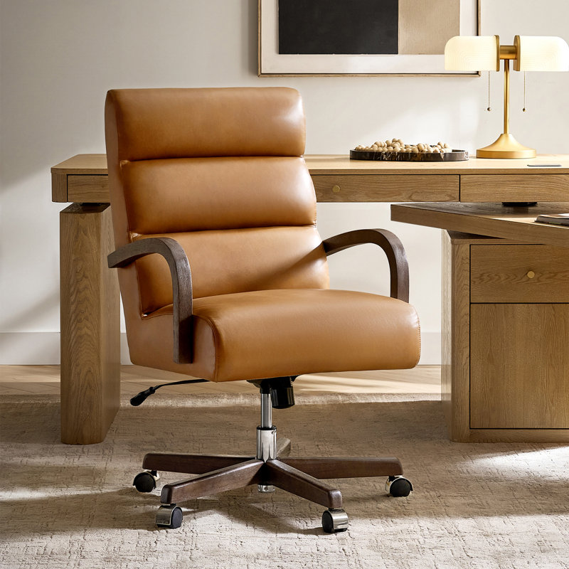 Para Modern Genuine Leather Tilting Executive Chair with Solid Wood Arms and Ergonomic Padded Back, Camel