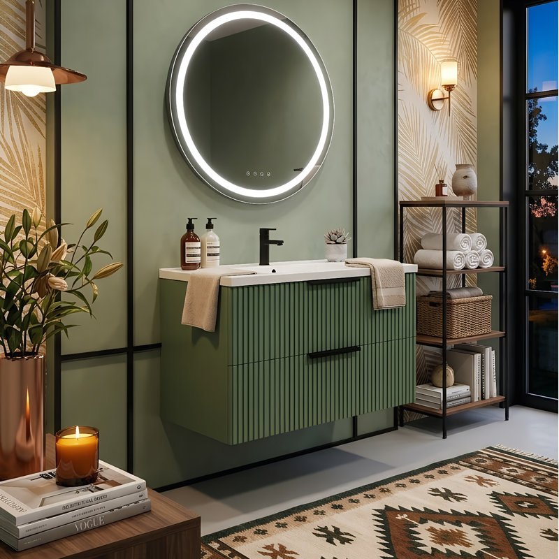 Meuble-lavabo flottant moderne de 30 po avec lavabo intégré en céramique, armoire cannelée murale avec tiroirs à fermeture en douceur (vert)