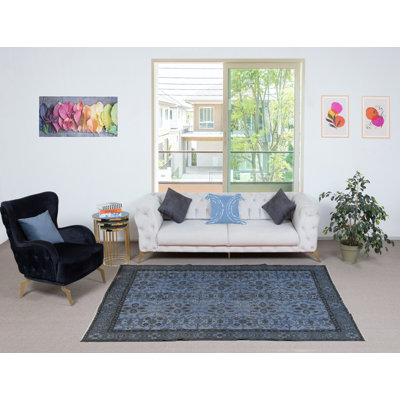 Tapis turc contemporain de couleur bleue 5,2 x 8,4 pi avec motif floral