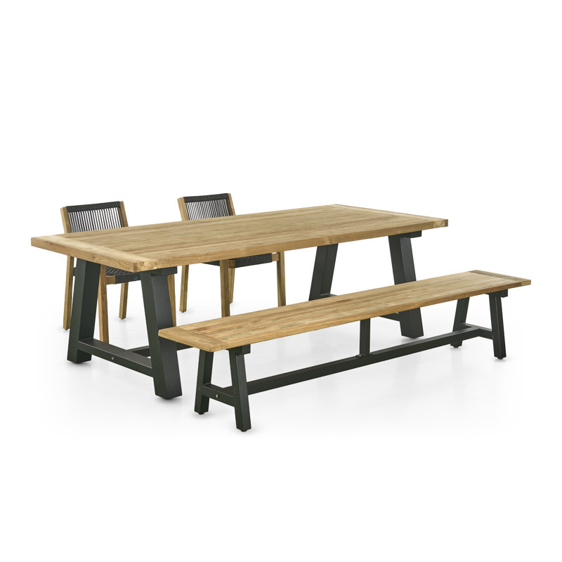 94" Belanda Reclaimed Teak Indoor Outdoor Dining Table Set With 94" Bench And Two Rope Teak Armchairs
