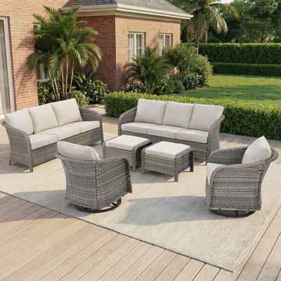Ensemble de canapé de patio d'extérieur en osier avec chaises pivotantes et repose-pieds 6 pièces Arcola