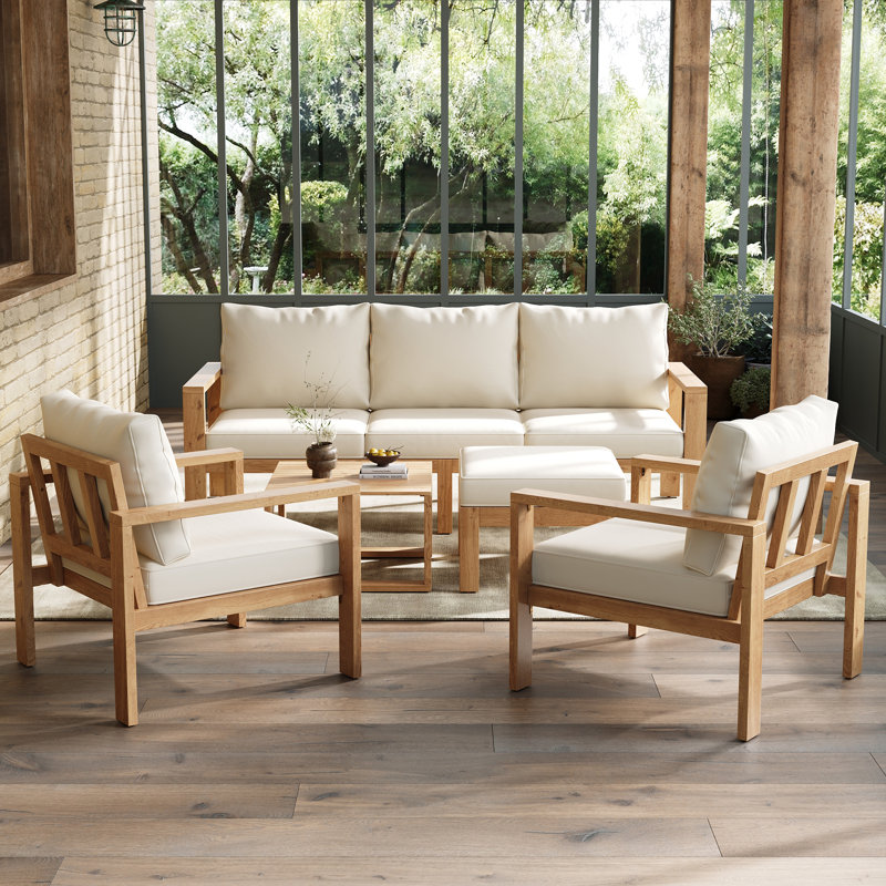 Solid Acacia Wood 6-piece Outdoor Patio Set: Sofa, Chairs, Table & Ottoman For Garden