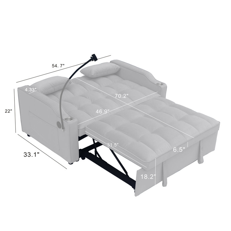 Modern Velvet Convertible Sleeper Sofa Bed with Pull-Out Bed, Adjustable Backrest, USB Ports and Phone Holder