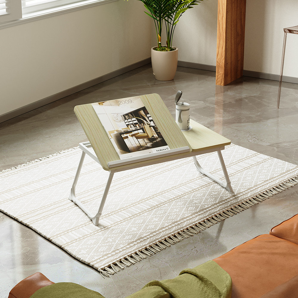 Light Oak Grain Foldable Laptop Bed Desk With Adjustable Tilt And Cup Holder