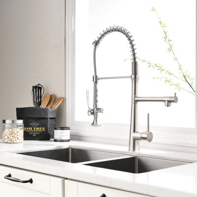 Commercial Kitchen Sink Faucet With Pull-Down Spring Spout And Ceramic Valve In Brushed Nickel Finish Heavy Duty Cartridge Pre-Rinse Spray