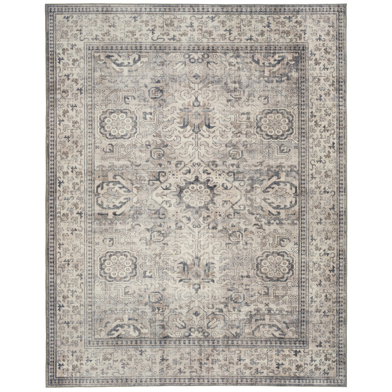Nel Paz Border Beige Gray Ivory Machine Washable Area Rugs, Rectangle 5' x 7'