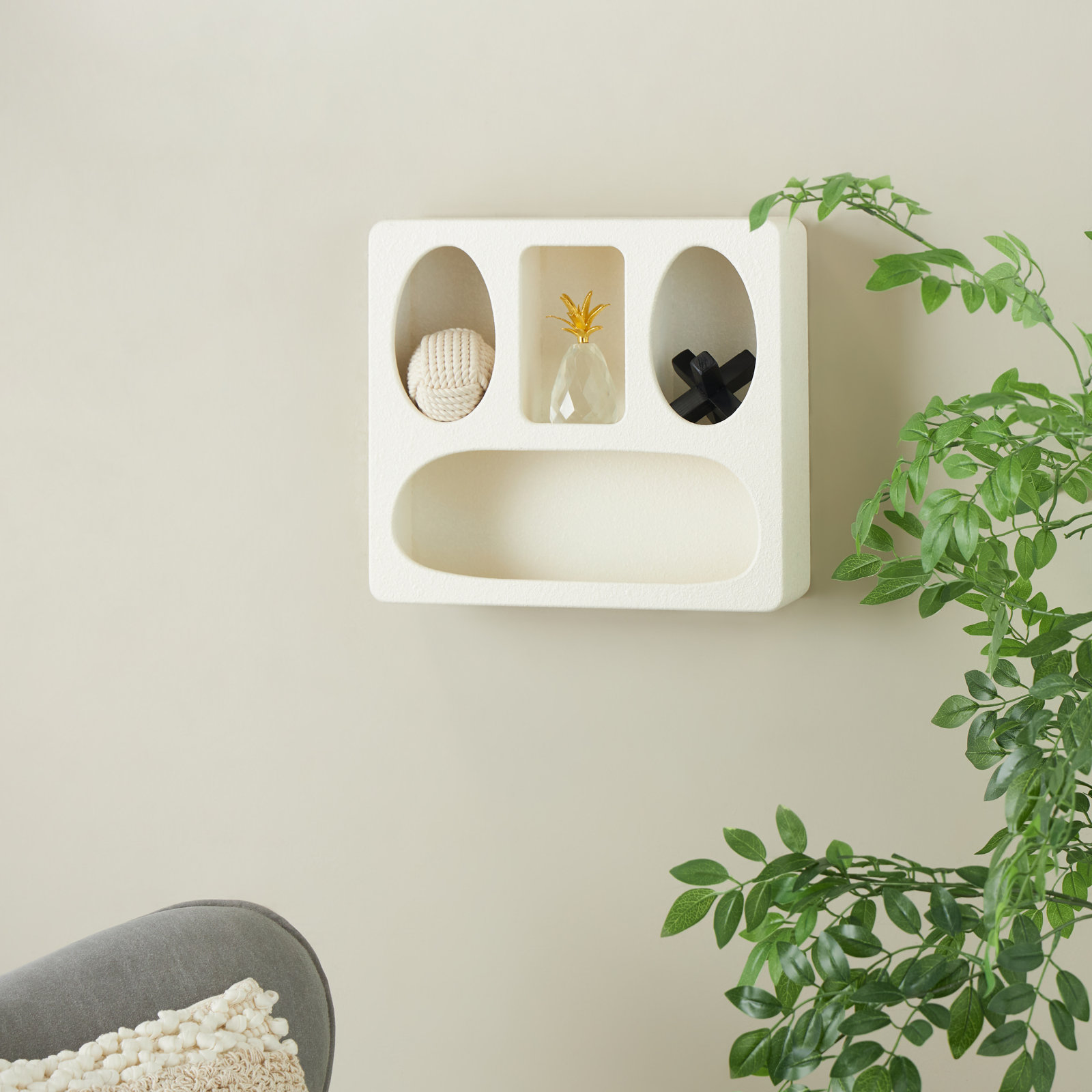 Cole And Grey Wood 4 Shelf Geometric Wall Shelf, Cream