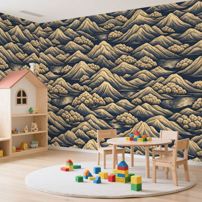 Papier peint adhésif auto-adhésif moderne pour la chambre à coucher, avec paysage de montagne, arbres d'eau coulant, impression or foncé
