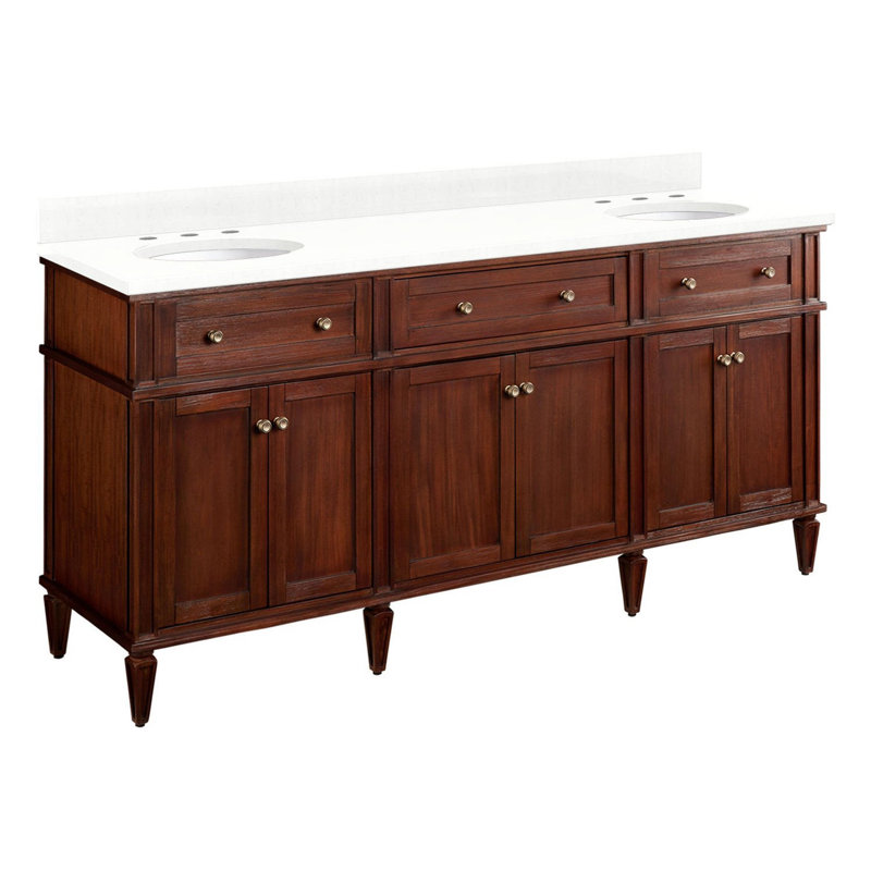 Elmdale 72" Freestanding Mahogany Double Basin Vanity  Oval Undermount Sink - 8" Faucet Holes, Feathered White Quartz, Black