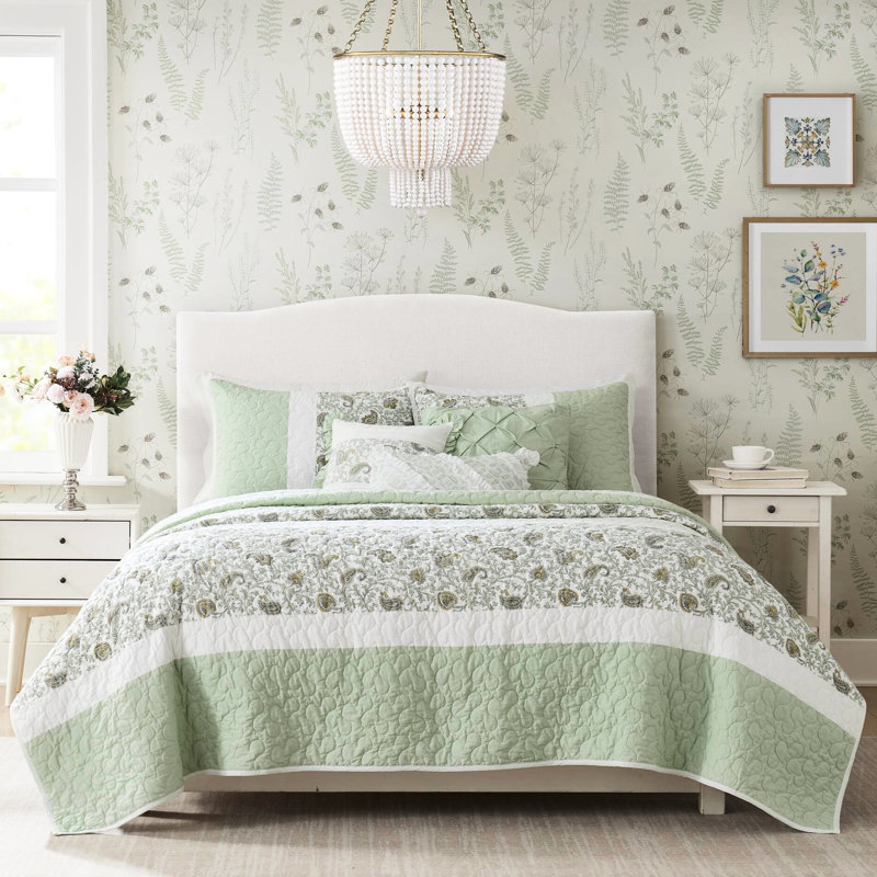 6 courtepointe de couleur sauge avec coussins décoratifs - double / grand, coton, coussins de chambre au look Shabby Chic Look, literie élégante et confortable