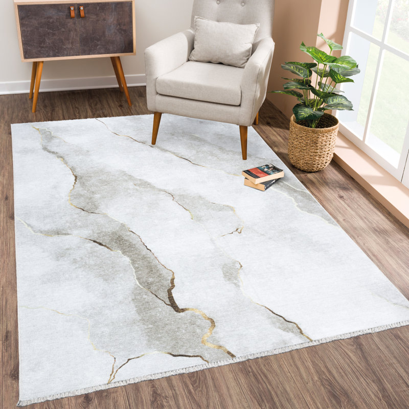 Washable Non-Slip Area Rug - Ivory / Gold Modern Abstract Area Rug for Living Room, Bedroom, Dining Room, and Kitchen