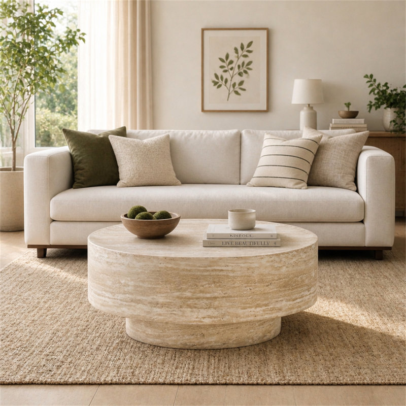 Table basse ronde ronde en travertine 31,5 po pour le salon, le canapé ou le coin lecture