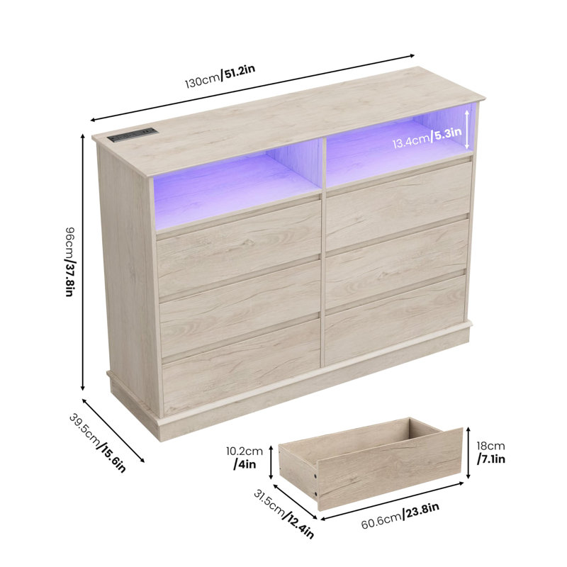 6 Drawer Dresser for Bedroom with Power Outlet, Modern Double Dresser with LED Lights, Wide Dresser Organizer with Open Shelf Storage for Closet Bedroom Living Room Hallway, Oak