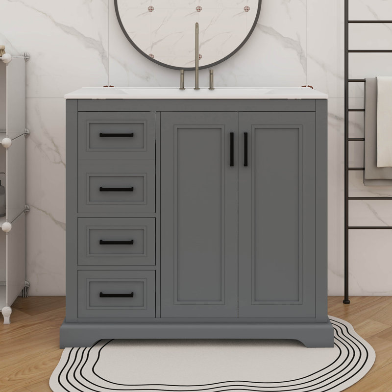 Meuble-lavabo contemporain de 36 pouces avec lavabo en céramique, porte à fermeture silencieuse, tablette réglable et 3 tiroirs