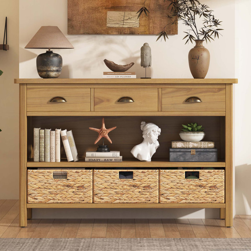 Retro Console Table with 3 Storage Drawers, Entryway Table with 3 Water Hyacinth Woven Baskets, Natural