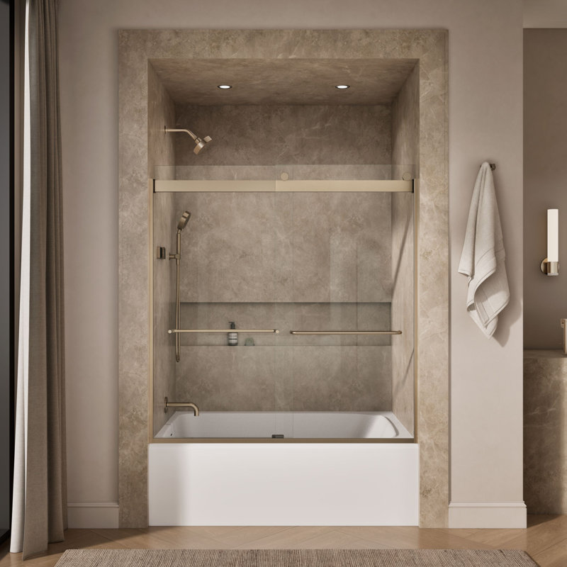 Levity 59.63" x 62" Bypass Bath Door with CleanCoat Technology, Anodized Brushed Bronze, Clear