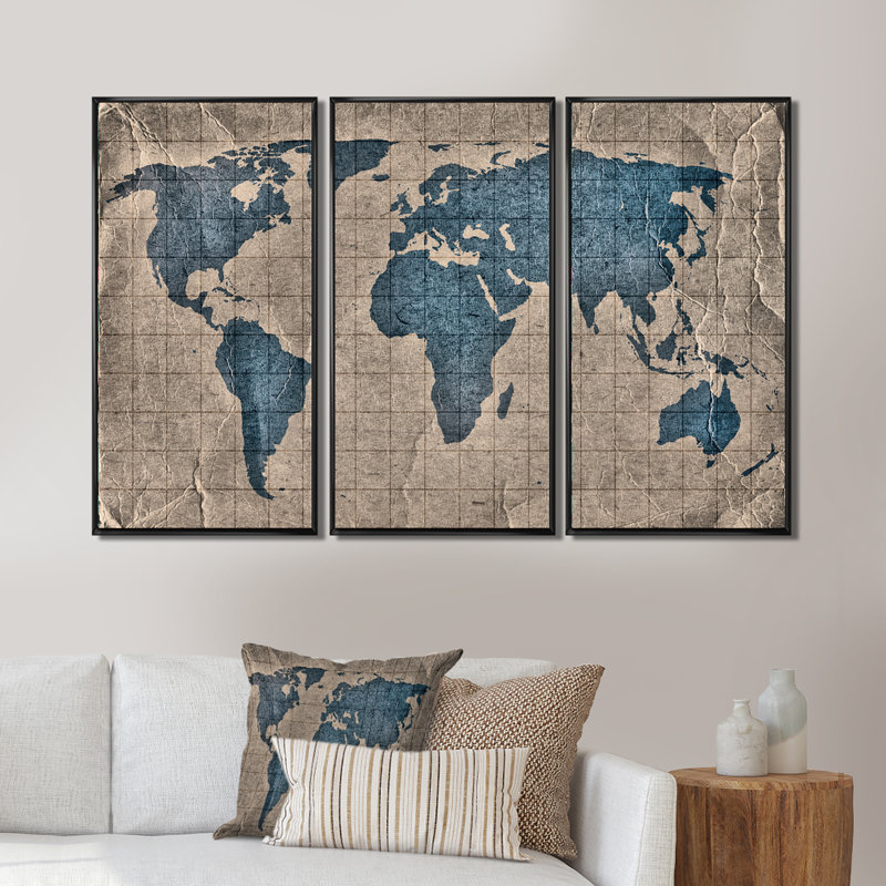 Ancienne carte du monde I - 3 pièces sur toile, cadre flottant, Noir, H 28 po x l 36 po