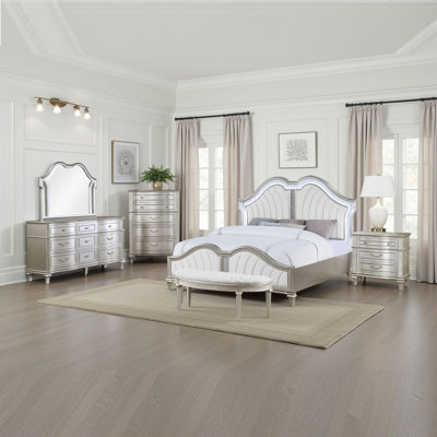 Ensemble de chambre à coucher grand lit 5 pièces Nive, argent, revêtement capitonné ivoire