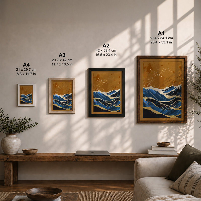 Great Wave Rising Japandi - Framed Print, Black, A4 - 29.7 x 21.0 cm