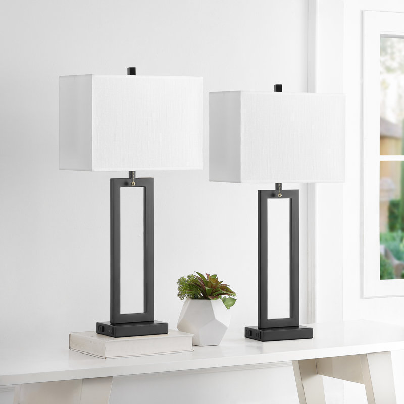 28.5" Metal Table Lamp Set With USB, Type-C Ports And Built-in Outlet , Black