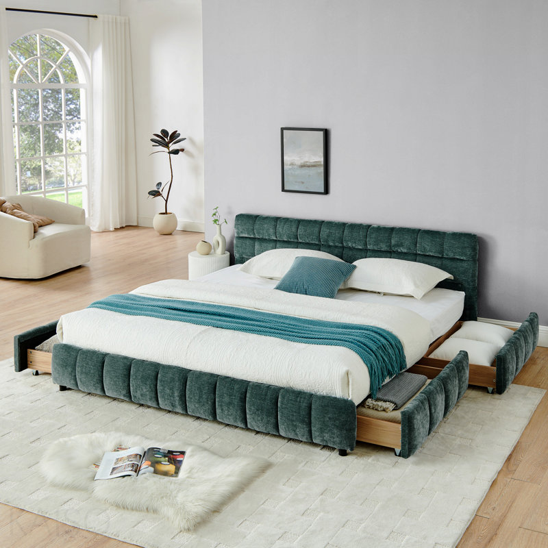 Très grand lit tapissier, cadre de lit rembourré confortable, tissu chenille, avec tête de lit et cadre de lit solide. Avec tiroir pour rangement - Vert (88,5 po x 85,5 po x 31 po)
