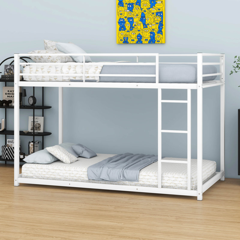 Metal Twin Over Twin Low Bunk Bed With Ladder And Full Length Guardrail, White