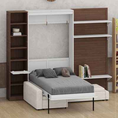 Murphy bed with sofa front, storage and charging port for guest rooms