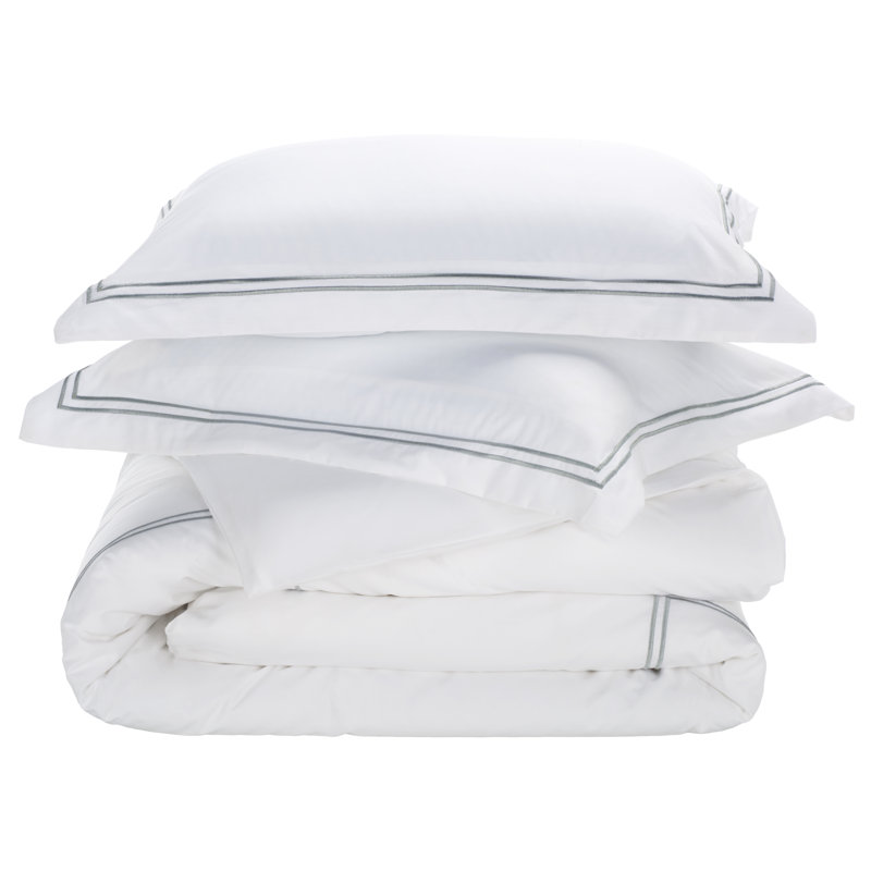 2-Line Embroidered Hotel Duvet Cover 3 Piece, Blue Mist/White, Queen Duvet Cover + 2 Standard Pillow Shams