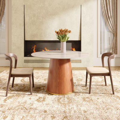 3PCS Farmhouse Pedestal Dining Round Kitchen Table With Curved Solid Wood Chairs