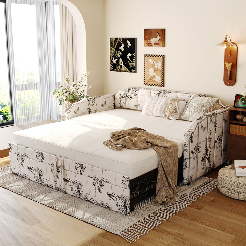 Upholstered Daybed with Pop-Up Trundle & USB Charging Ports, White Tossed Botanical