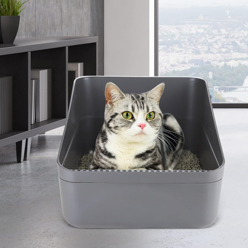 Litière semi-fermée ouverte, amovible et facile à nettoyer pour les chats et les petits chiens (petits), Gris