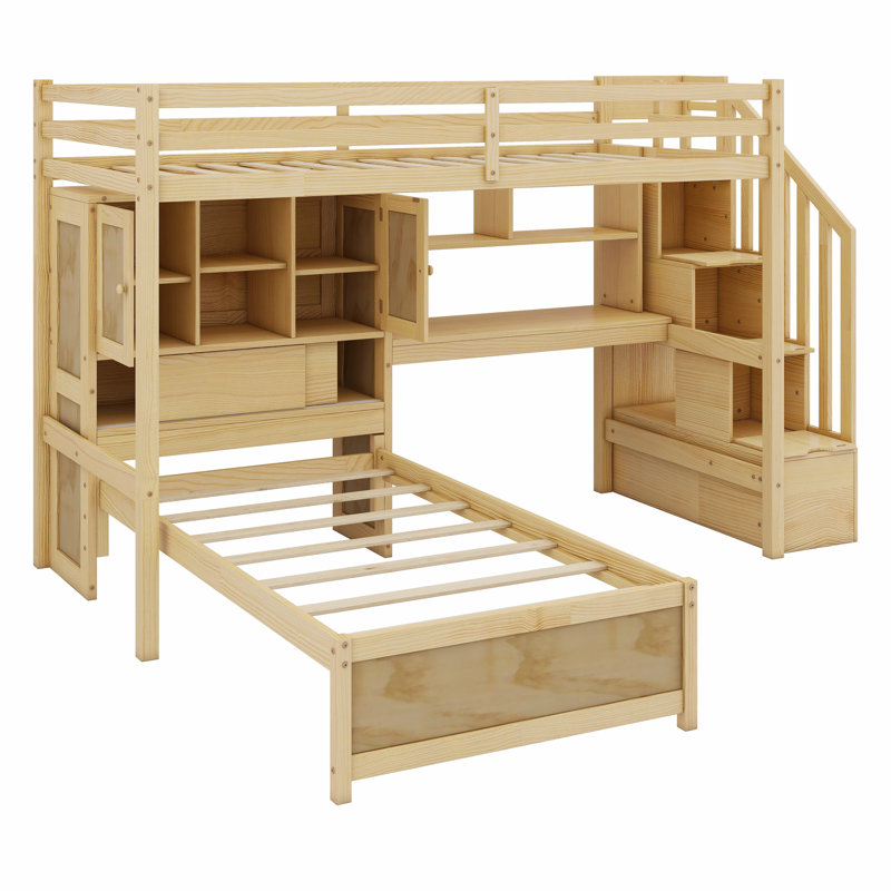 Karanfila Twin Over Twin Loft Bed With Built-In Desk And Staircase, With Storage Compartments And Shelves, White