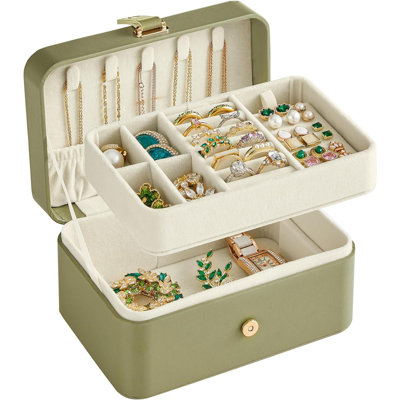 Boîte à bijoux, étui à bijoux de voyage, organisateur de porte-bijoux à 2 couches, rangement pour boucles d'oreilles polyvalent portable, pour les plus grands accessoires, cadeaux de Noël, vert laurier