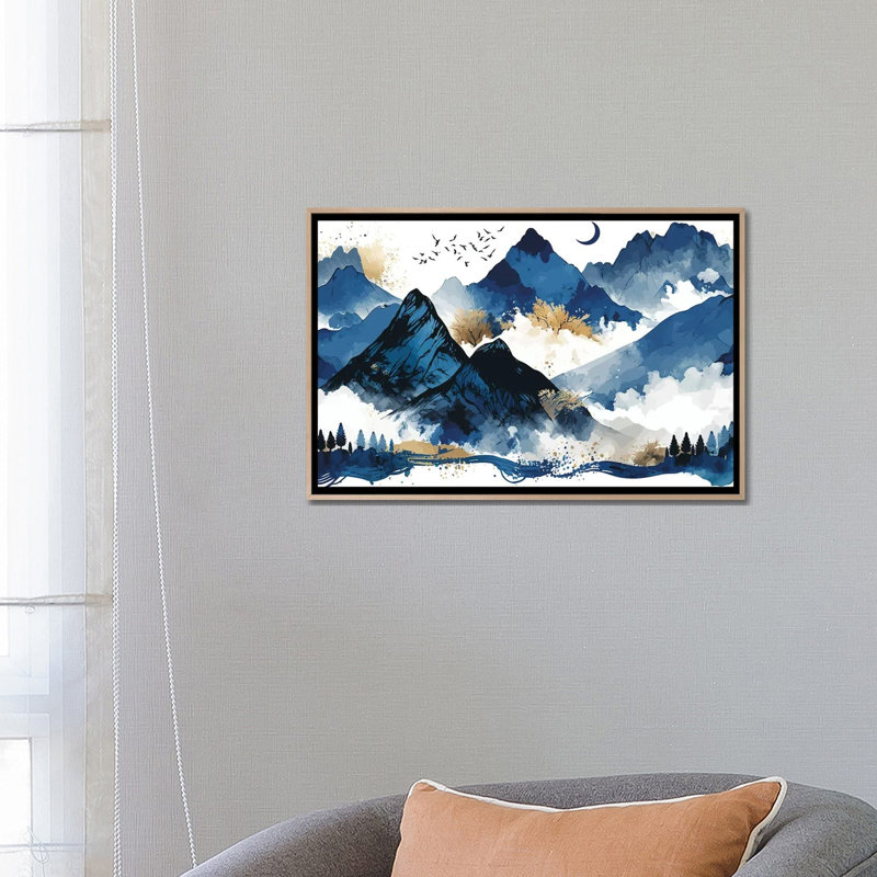 Blue Mountains, Natural Wood Floater Framed Canvas, No Mat, 18" H x 26" W x 1.5" D